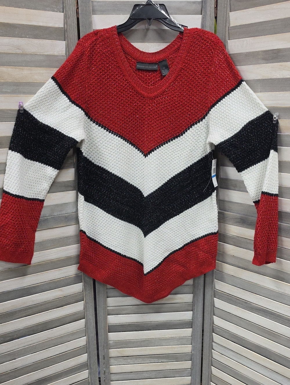 Preswick & Moore Red, Black & White Chevron Crewneck Sweater
